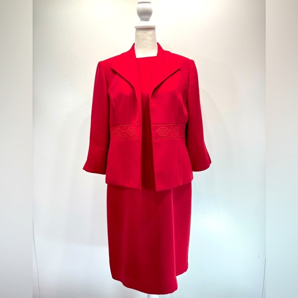 Coldwater Creek Red Embroidered Jacket Knee Length Sheath Dress 2 Piece Size 10P